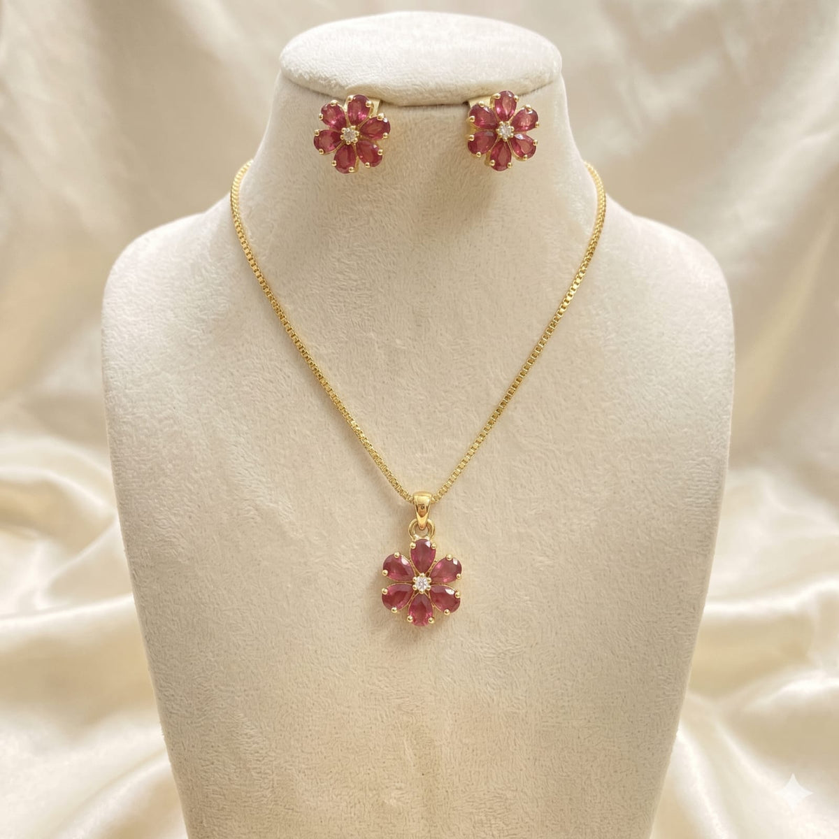 Pink Floral Pendant Set with Matching Earrings