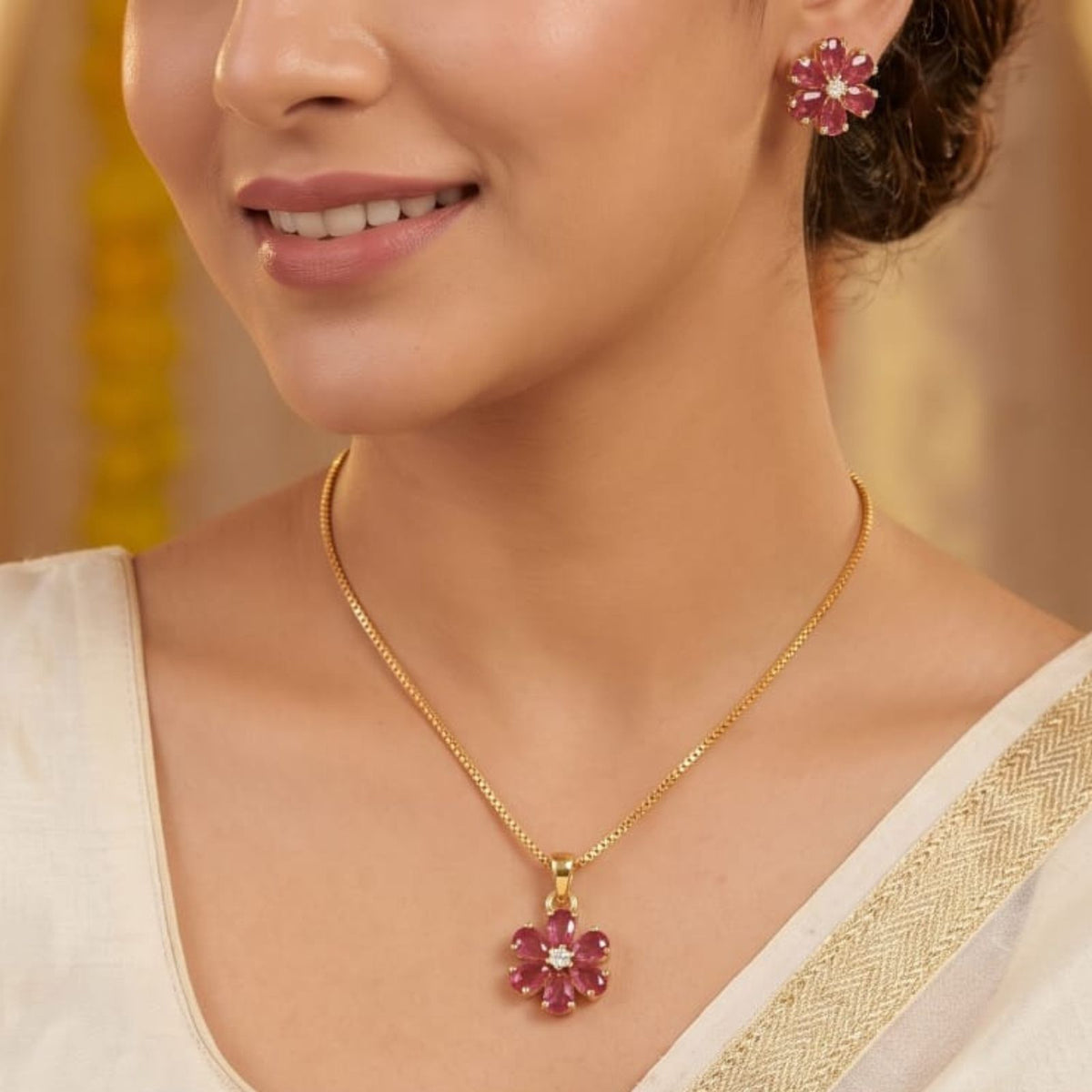 Pink Floral Pendant Set with Matching Earrings
