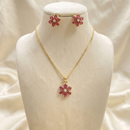 Pink Floral Pendant Set with Matching Earrings